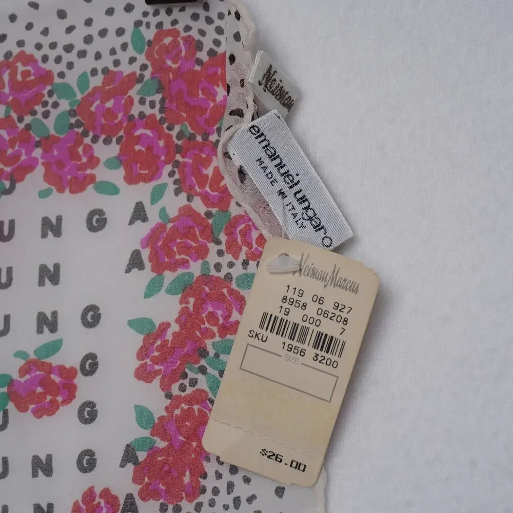 Vintage Emmanuel Ungaro Namesake Rose and Dot Print Scarf w/ Neiman‎ Marcus Tags